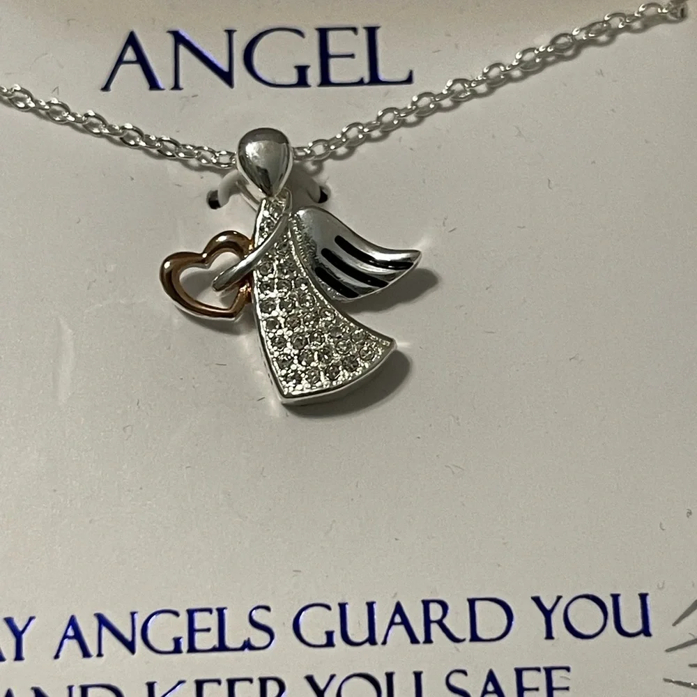 NWT silver plated with crystals angel necklace. 18 in chain - Picture 2 of 6